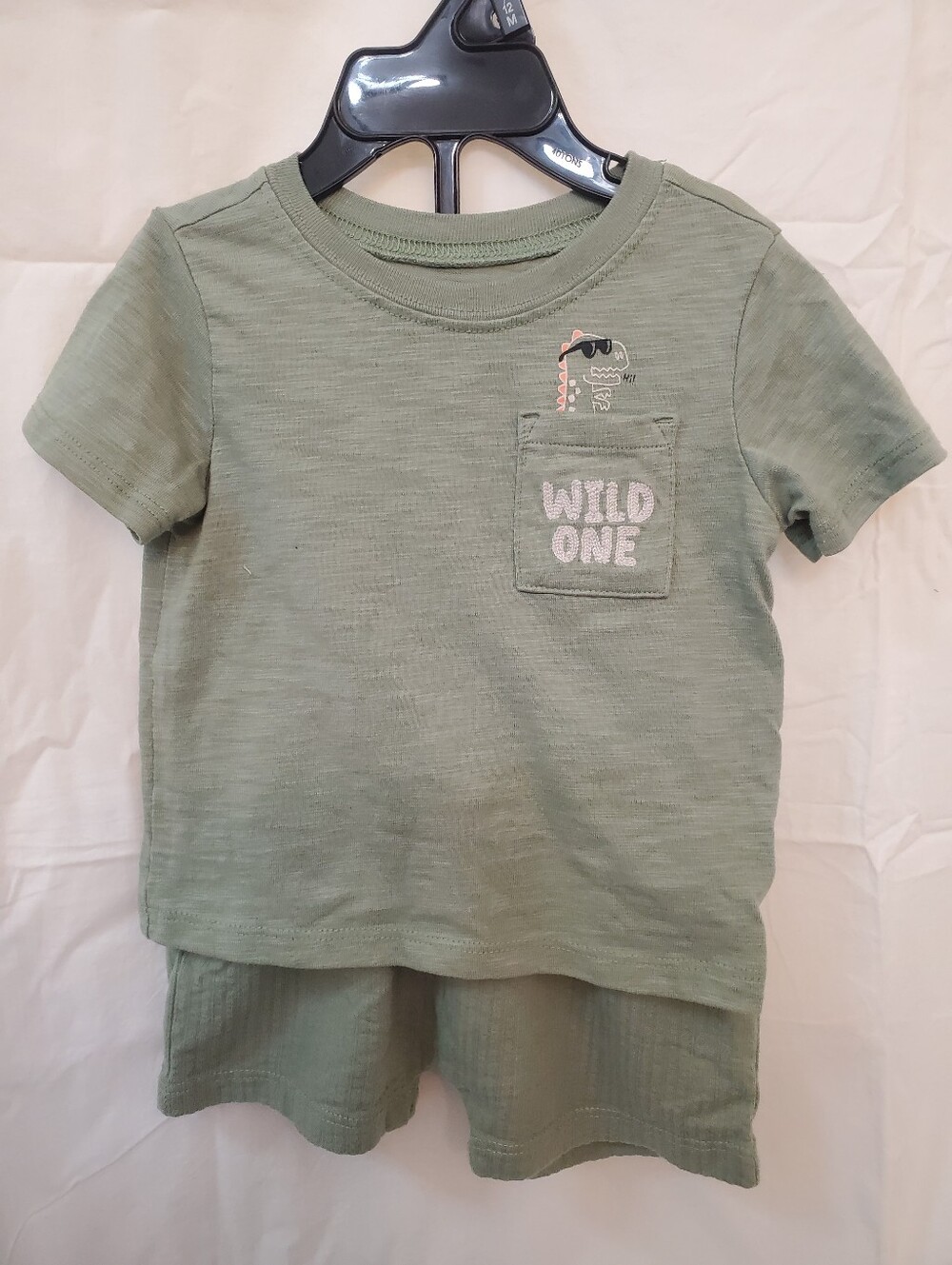 olive green dinosaur 'wild one' 2pc short+shirt set